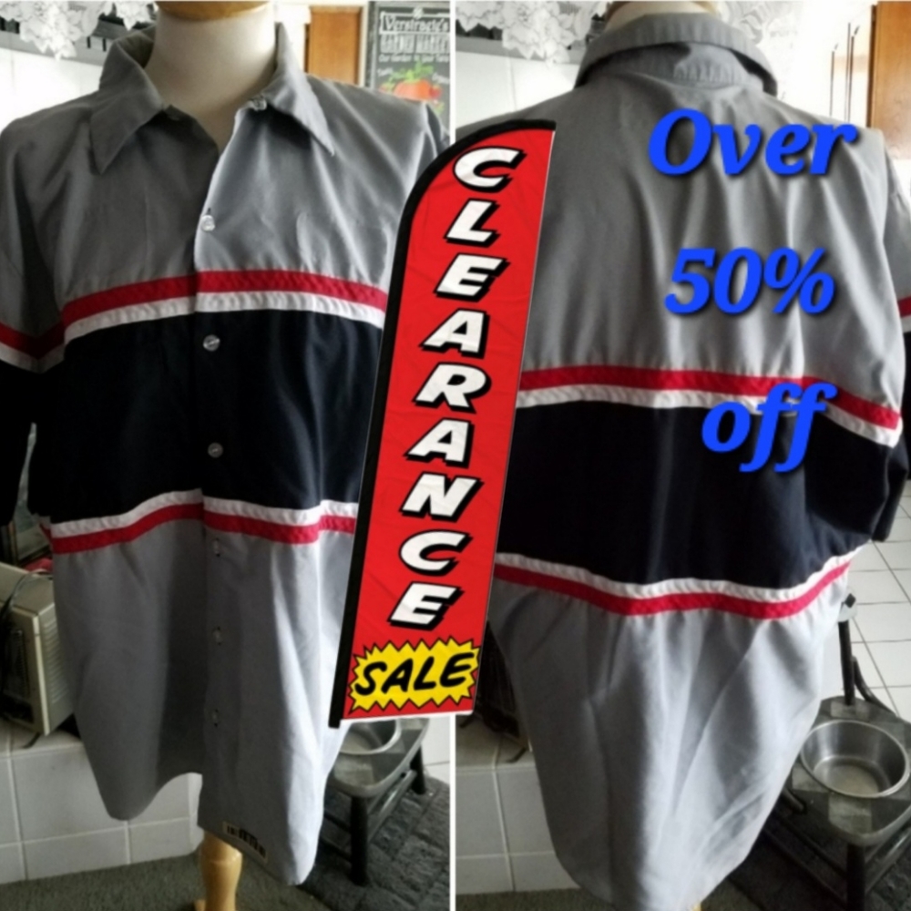Mens Automotive Work shirt grey with Red, White & Black chest stripes Sz L Bx 2